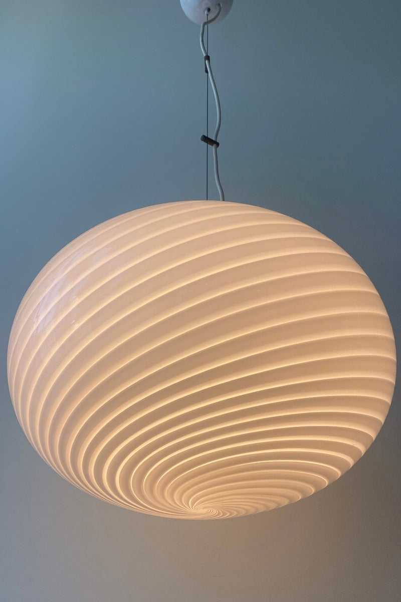 Large vintage Murano oval white swirl pendant ceiling lamp D: 45 cm